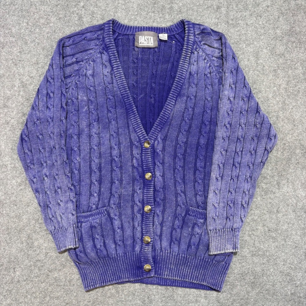 Vintage Pasta Purple Cable Knit Cardigan Sweater Ramie Cotton Blend Medium